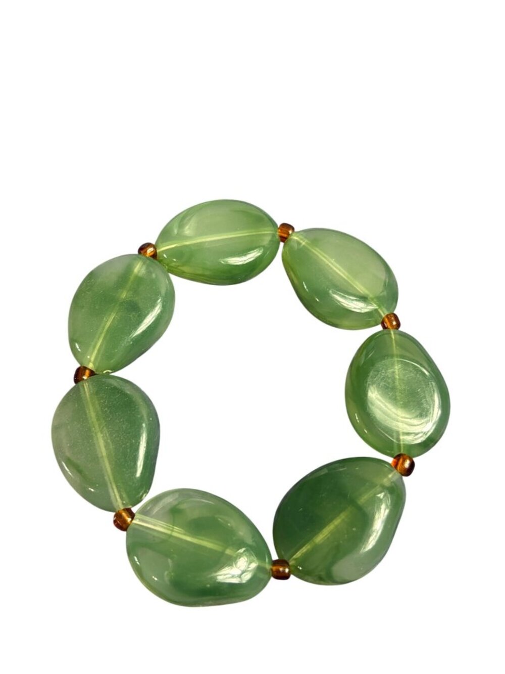 Green Plastic Swirl Brown Glass Beaded Stretchy Bracelet 6.5 inches Unstretched